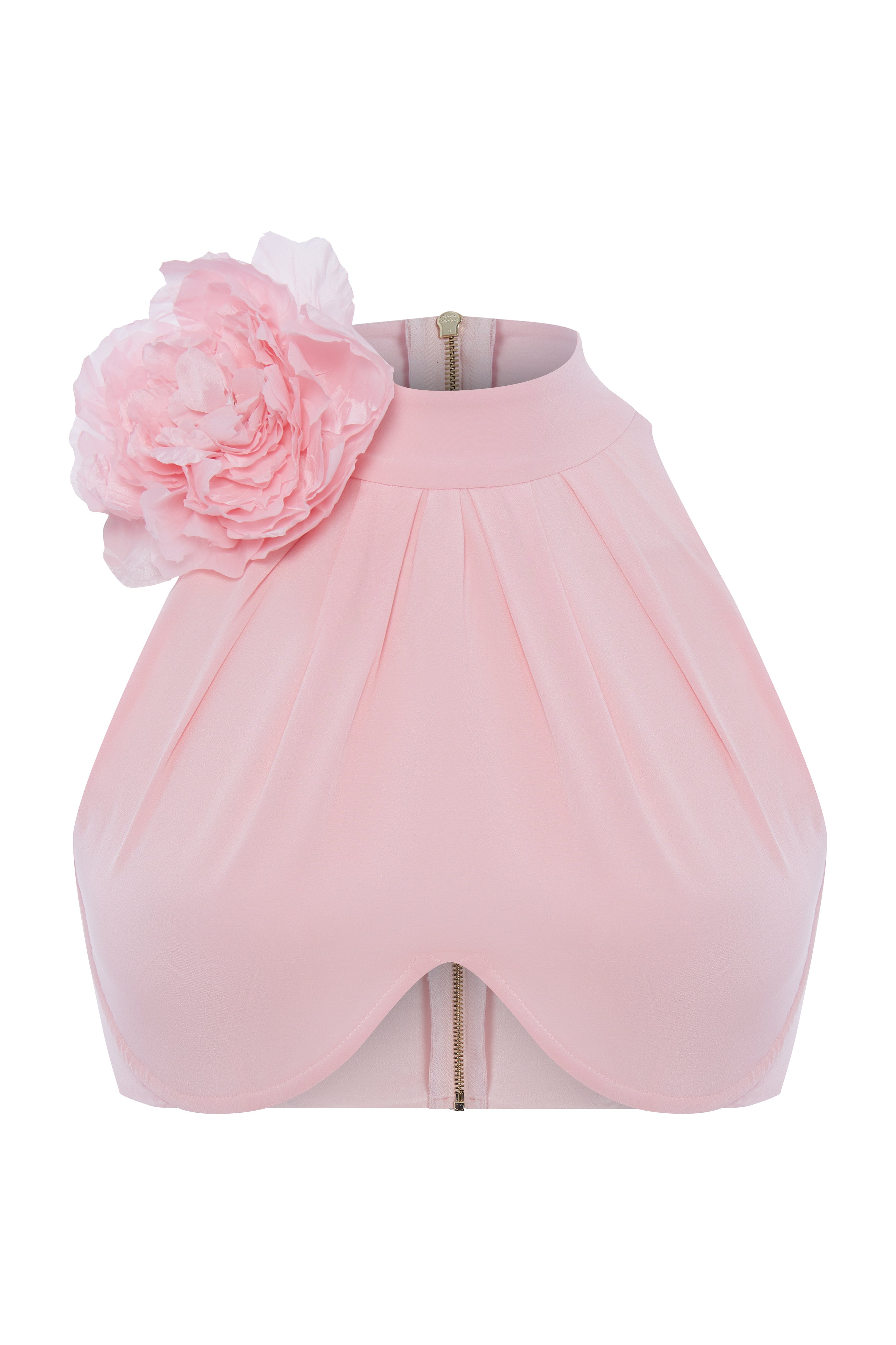 Silk crepe crop-top with a decorative flower – Kalmanovich EN