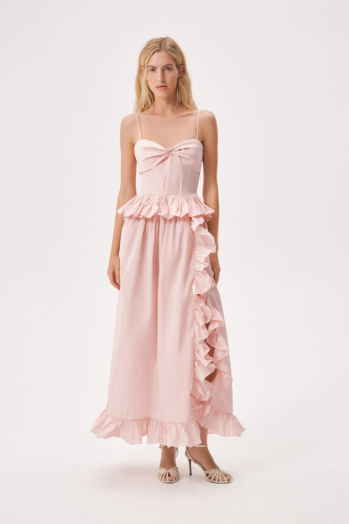 Taffeta slip dress with a ruffled slit