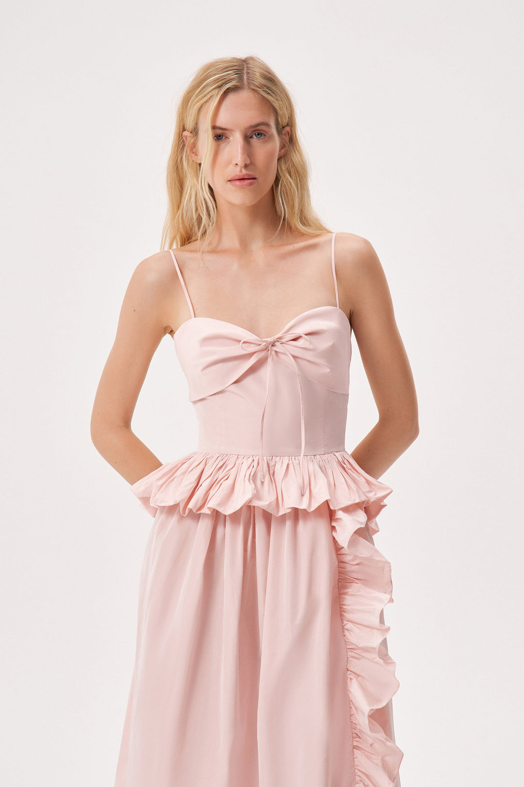 Taffeta slip dress with a ruffled slit