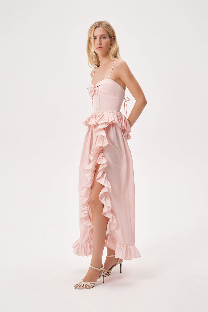 Taffeta slip dress with a ruffled slit