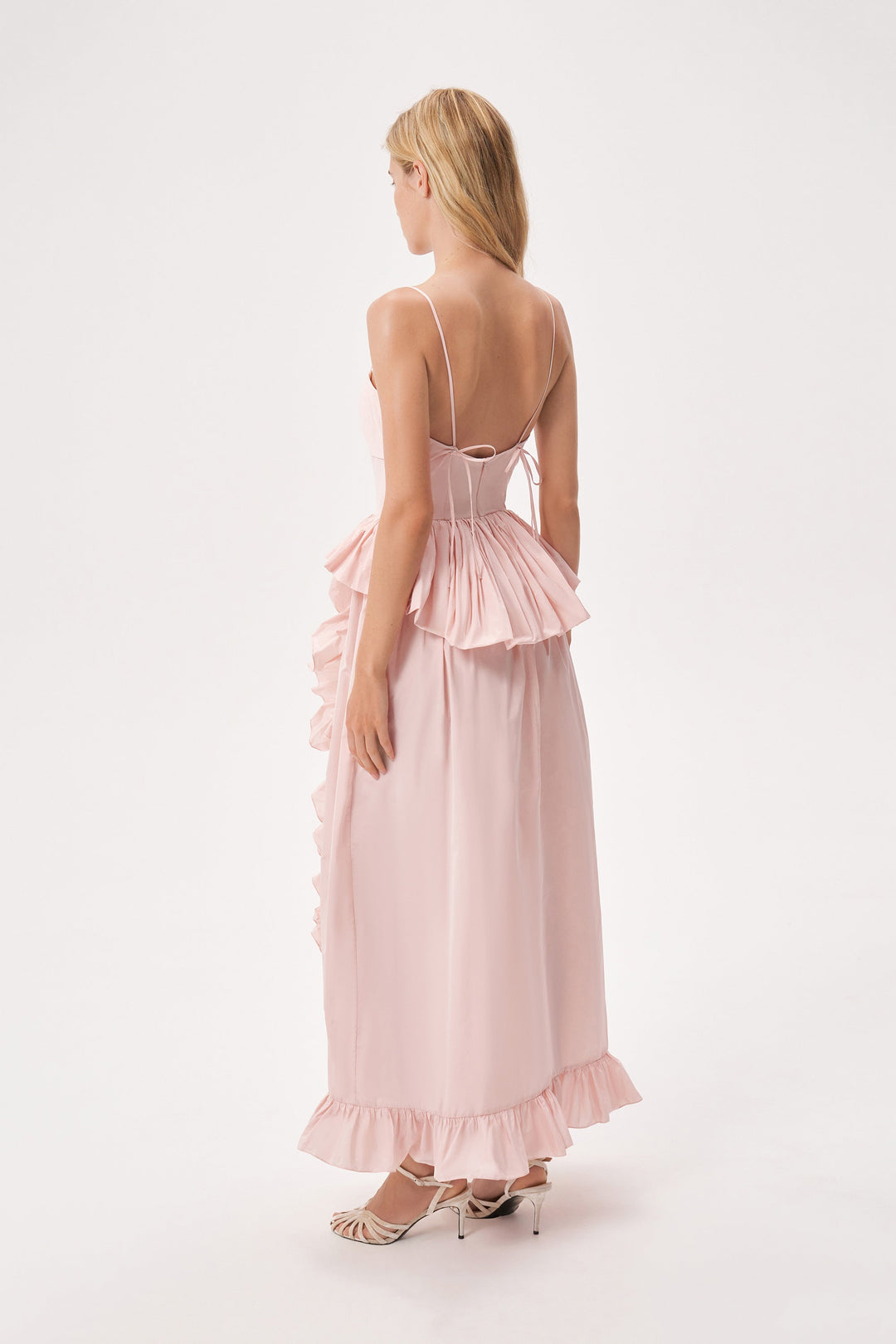 Taffeta slip dress with a ruffled slit
