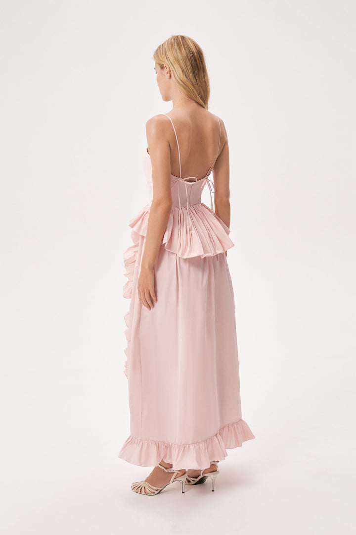 Taffeta slip dress with a ruffled slit