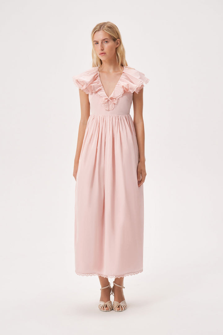 Taffeta dress with a ruffled neckline