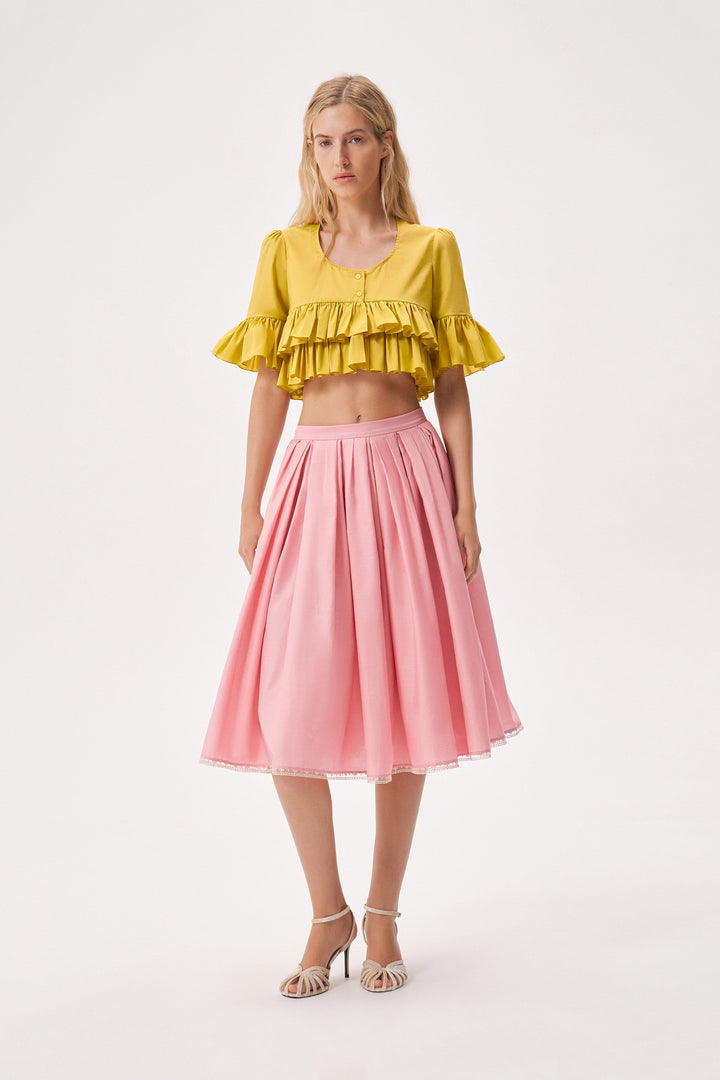 Ruffled short-sleeve crop top made of Liberty cotton