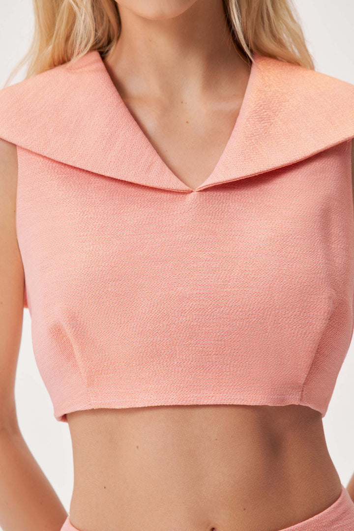 Metallic-thread crop top with fold-down collar
