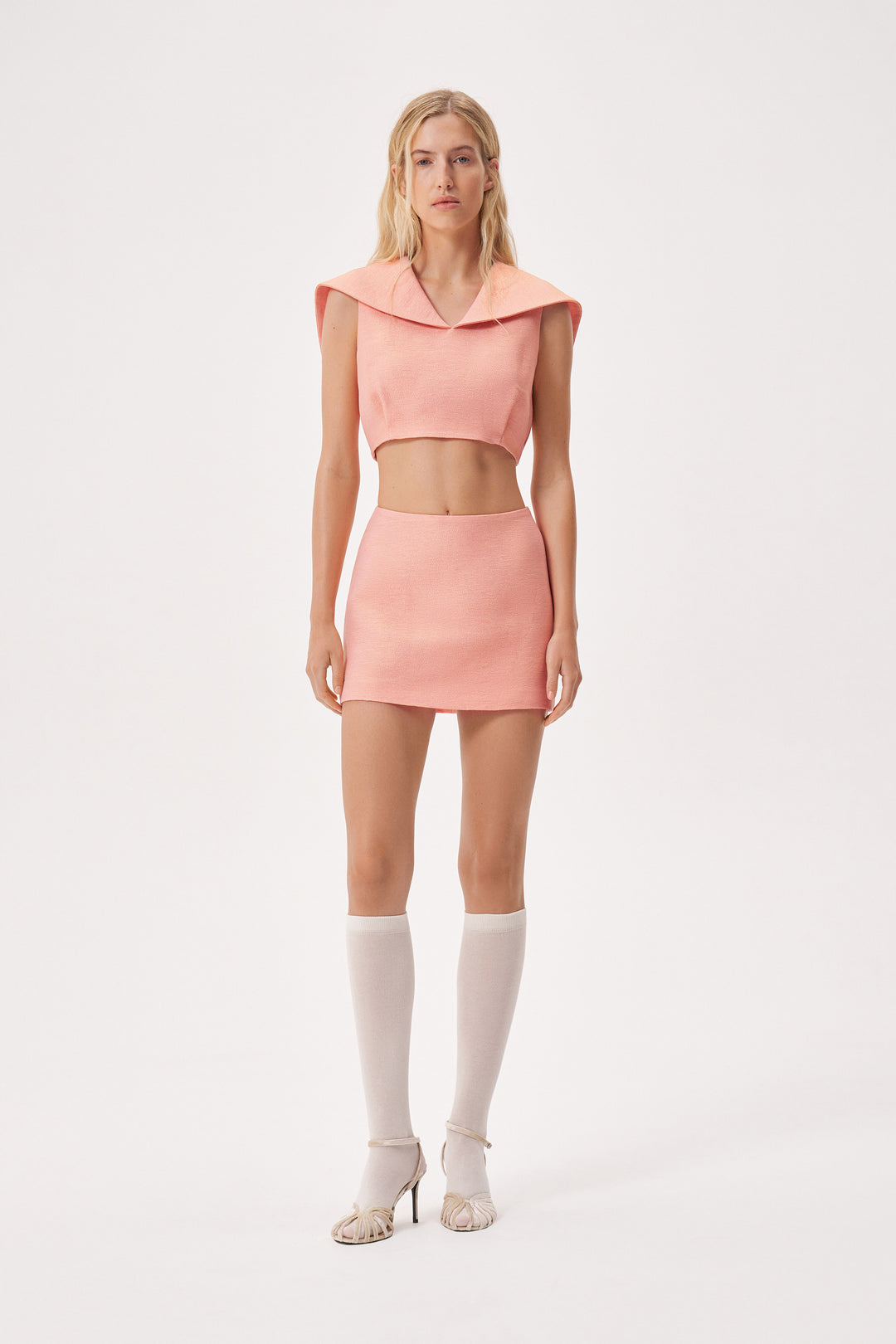 Metallic-thread crop top with fold-down collar