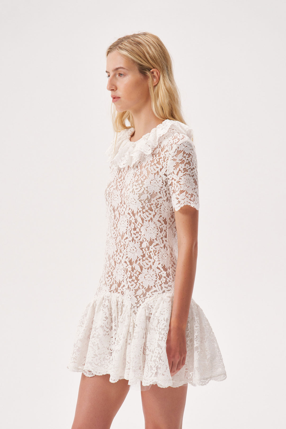 Lace mini dress with a jabot collar