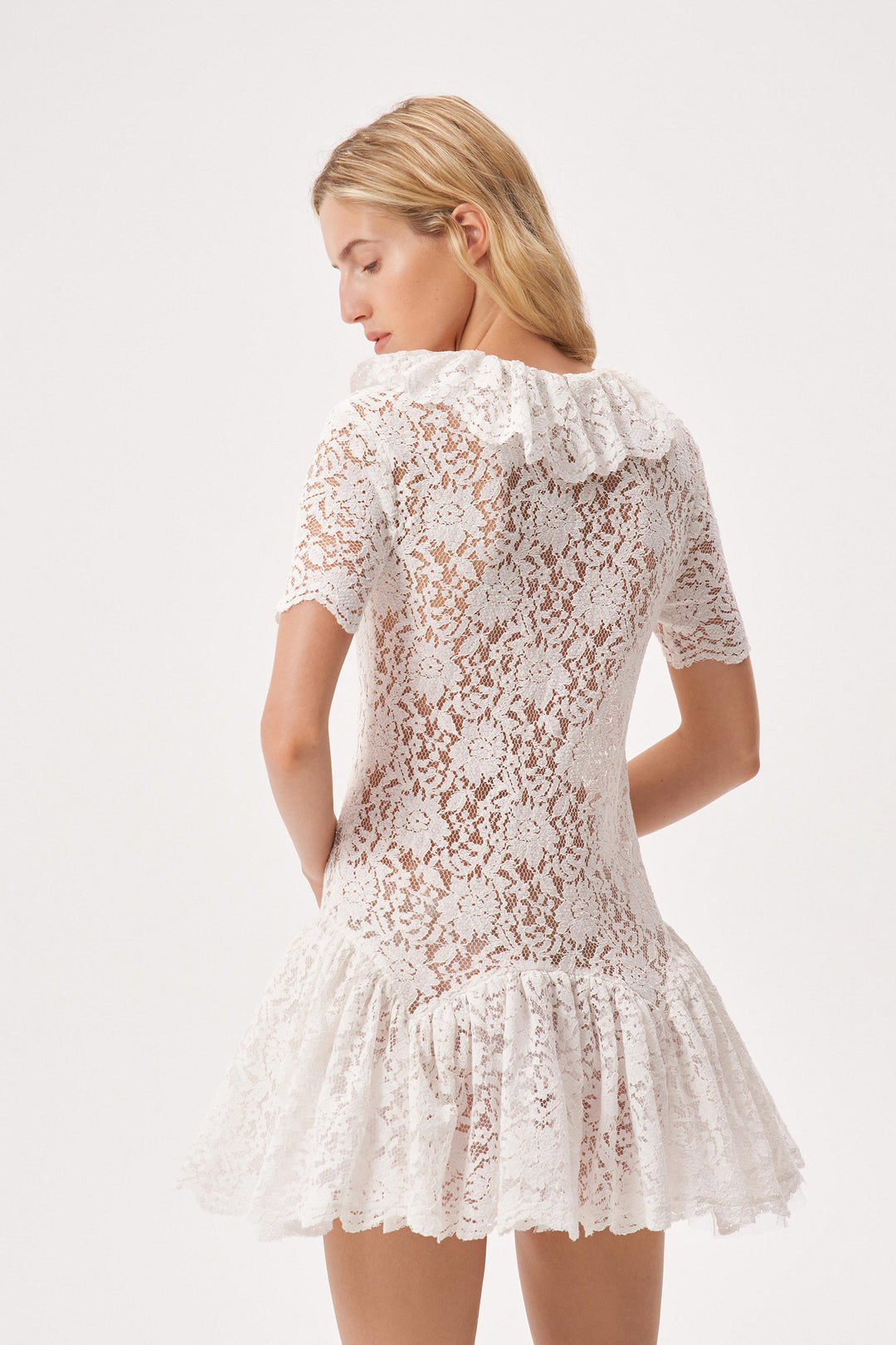 Lace mini dress with a jabot collar