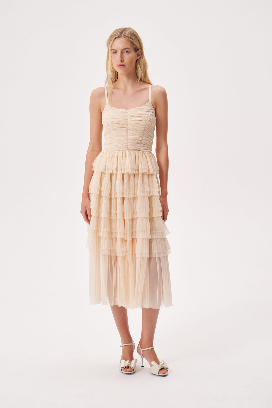 Soft pleated polka dot mesh ruffle dress