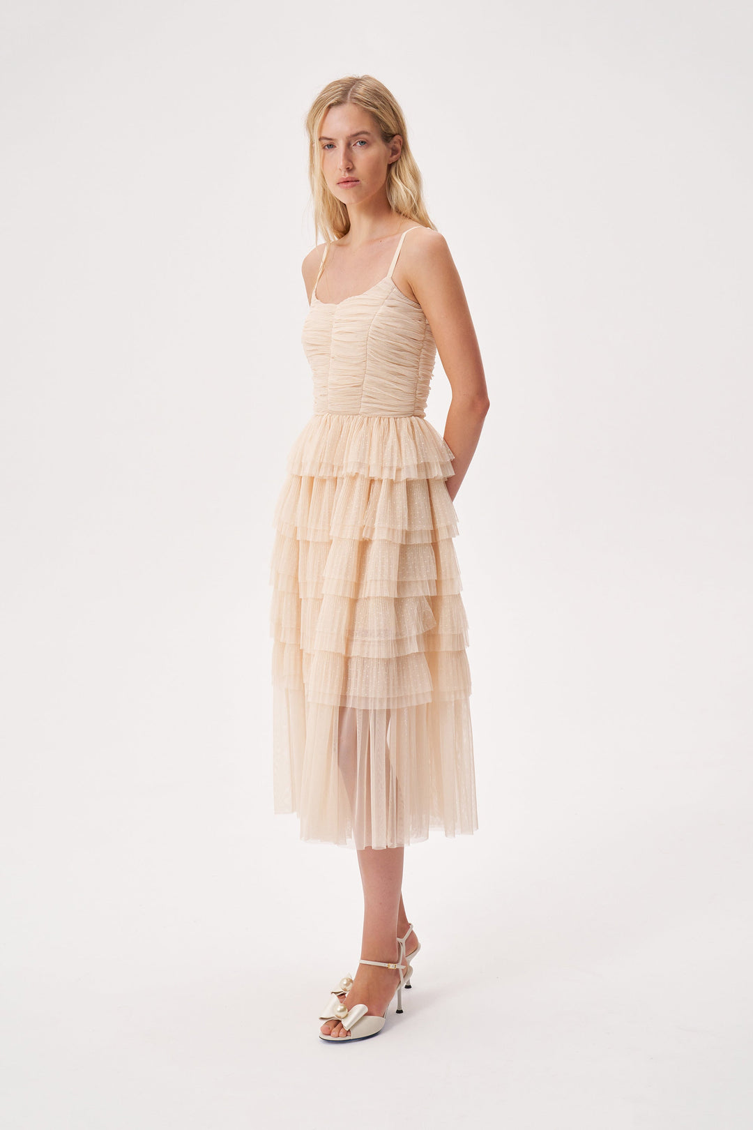 Soft pleated polka dot mesh ruffle dress