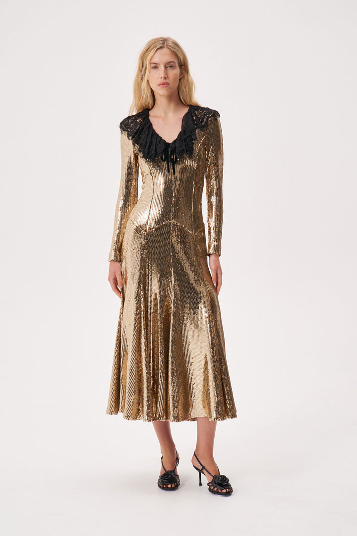 Sequinned dress with a lace collar