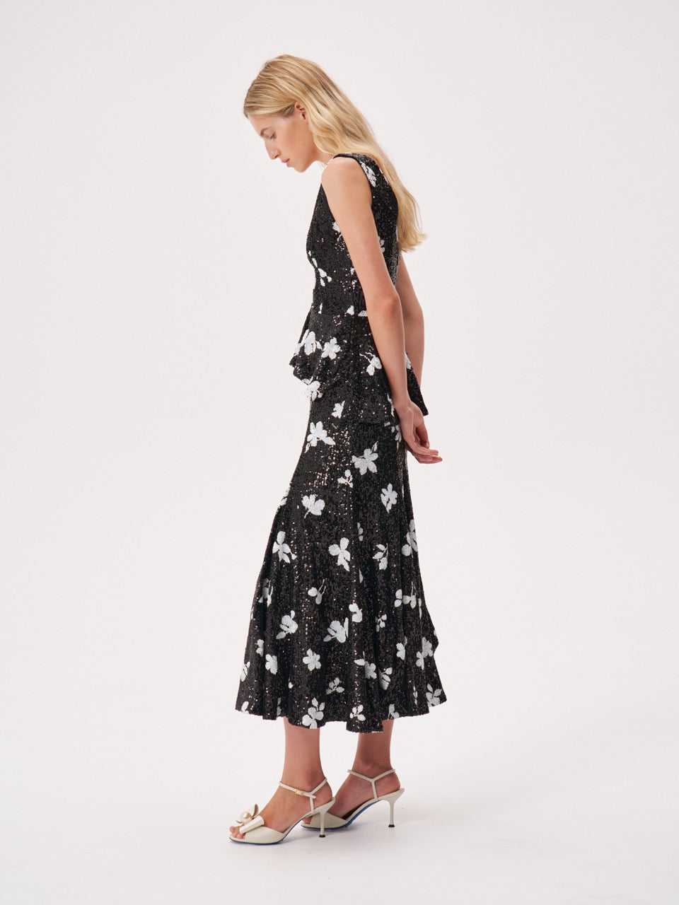 Ruffled-waist sequinned dress