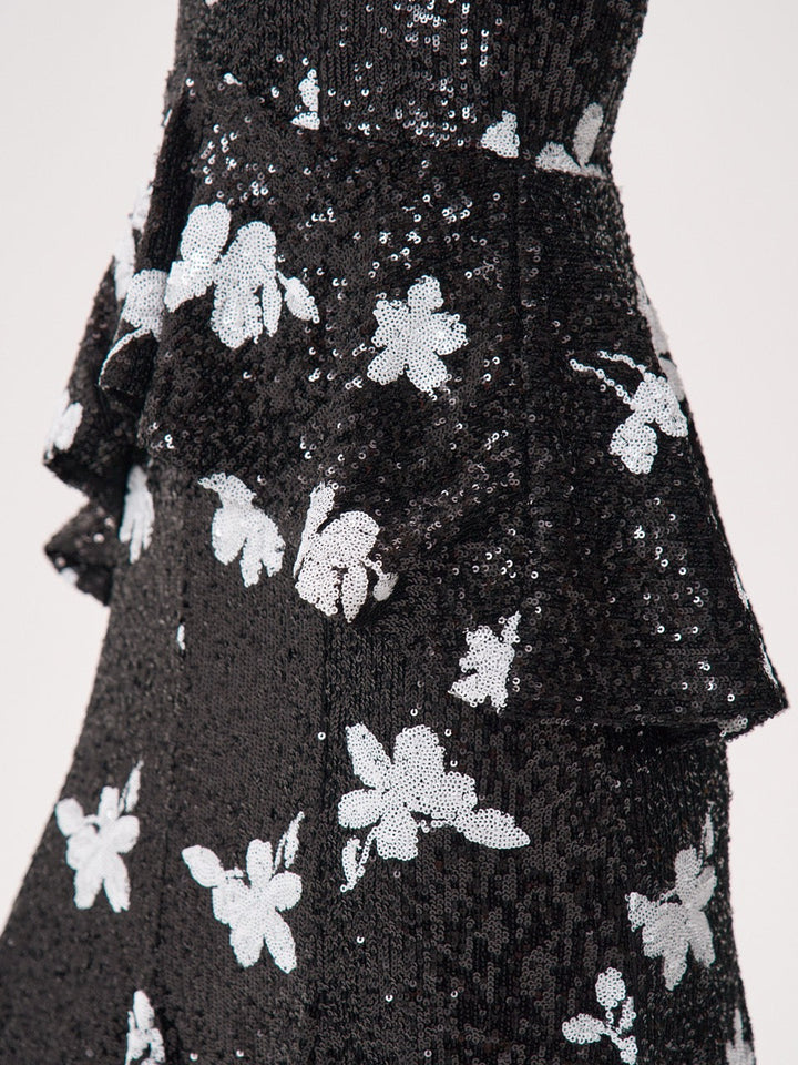 Ruffled-waist sequinned dress