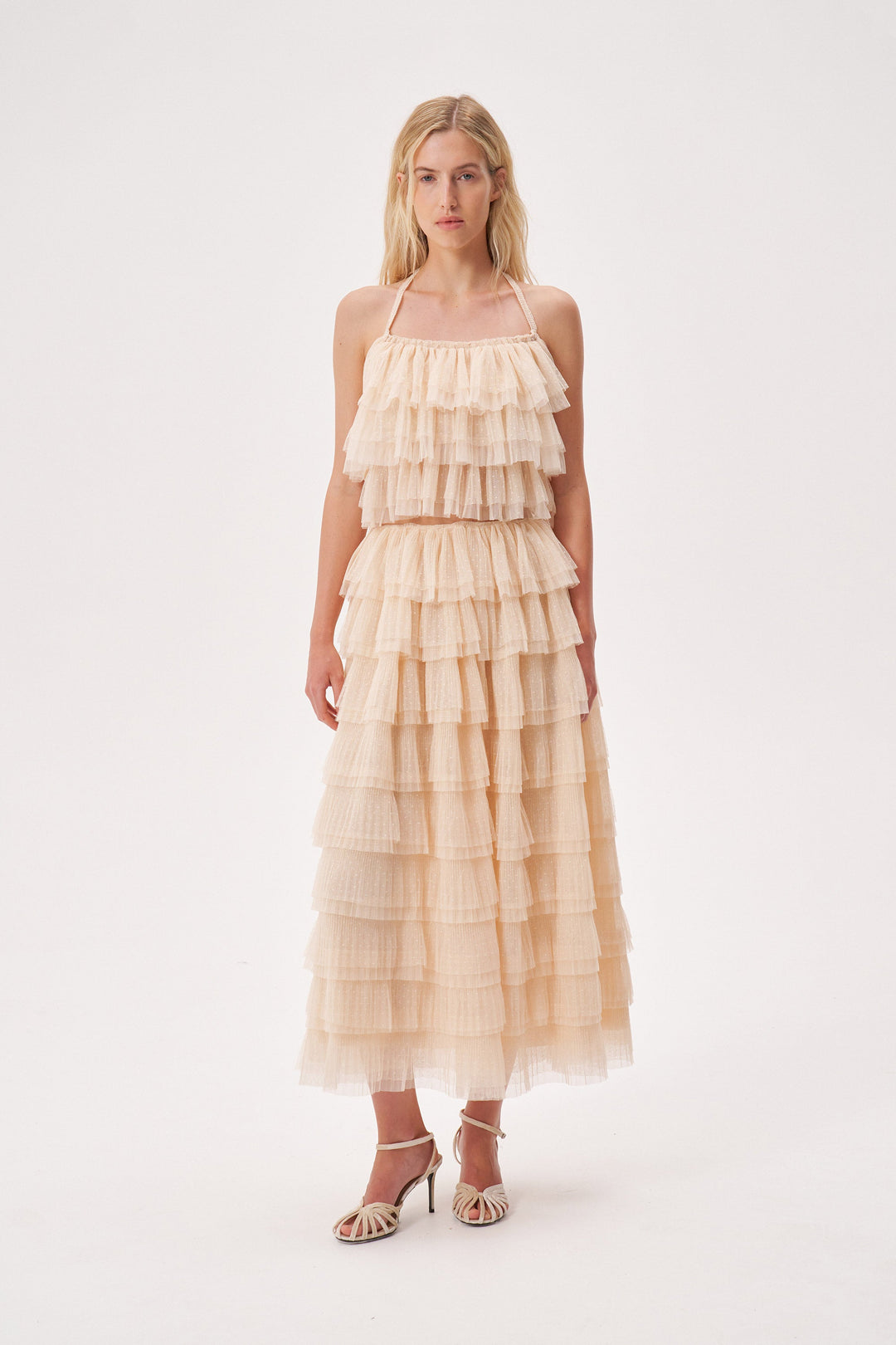 Soft pleated polka dot mesh ruffle skirt