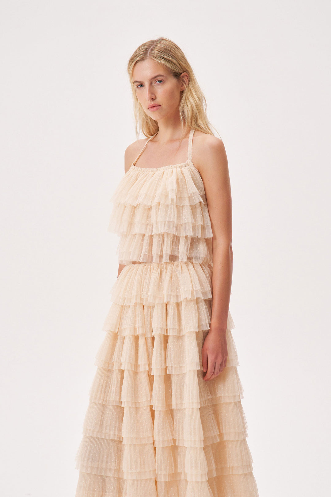 Soft pleated polka dot mesh ruffle top