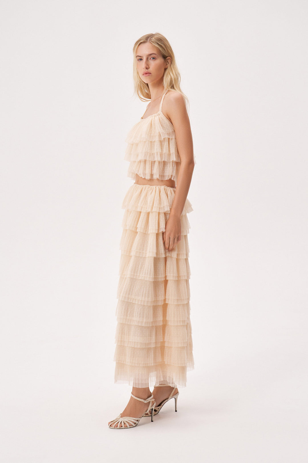 Soft pleated polka dot mesh ruffle skirt