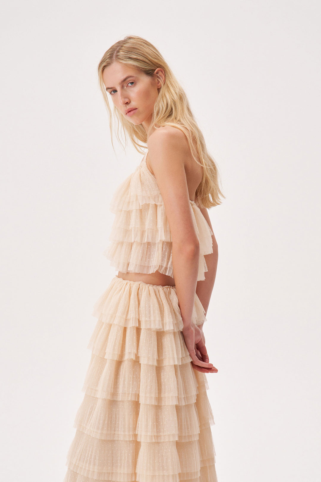 Soft pleated polka dot mesh ruffle top