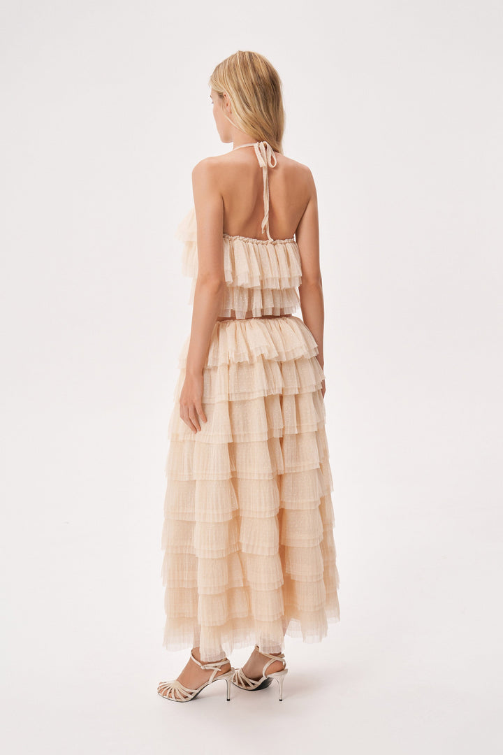 Soft pleated polka dot mesh ruffle skirt