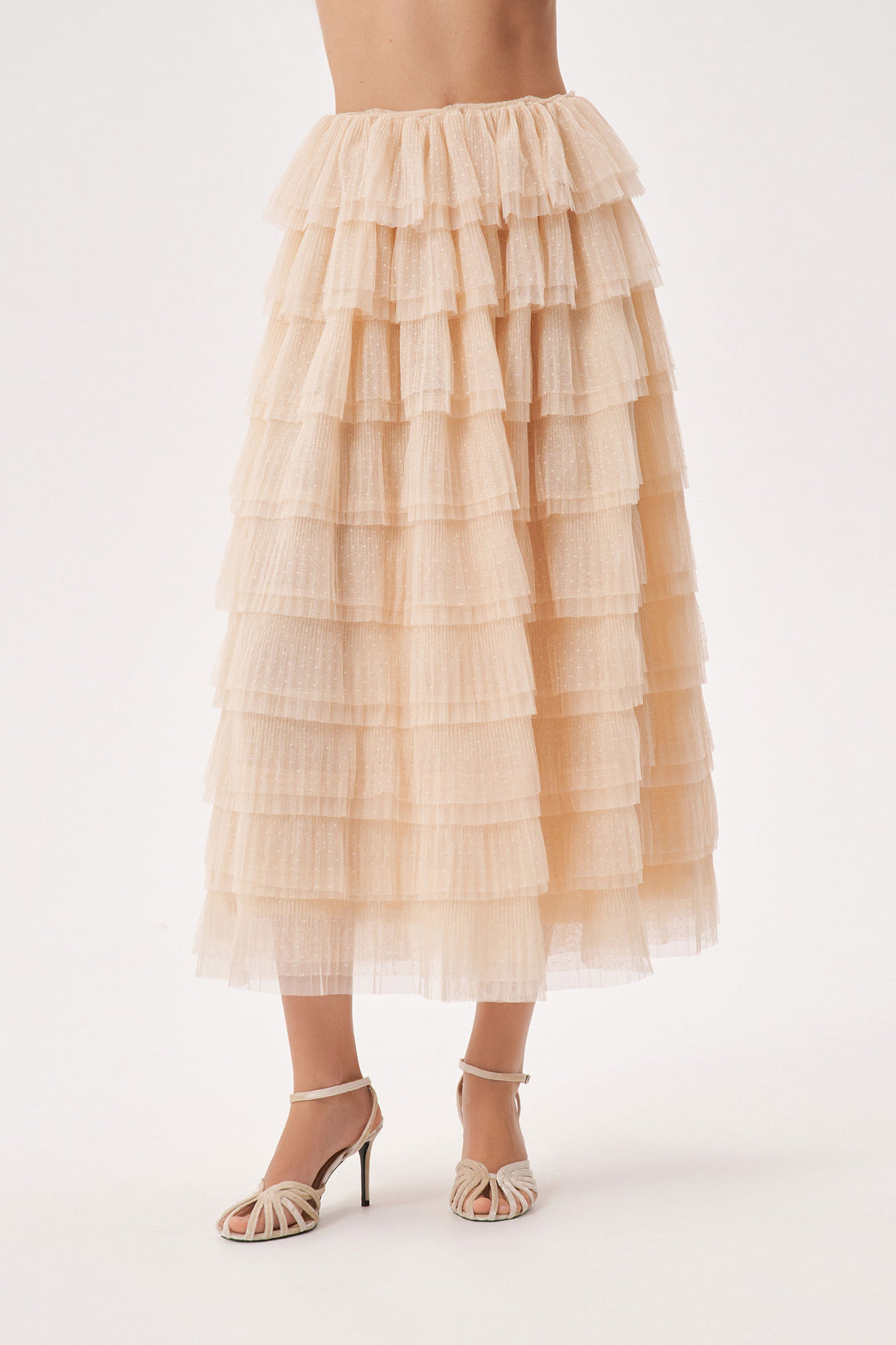 Soft pleated polka dot mesh ruffle skirt