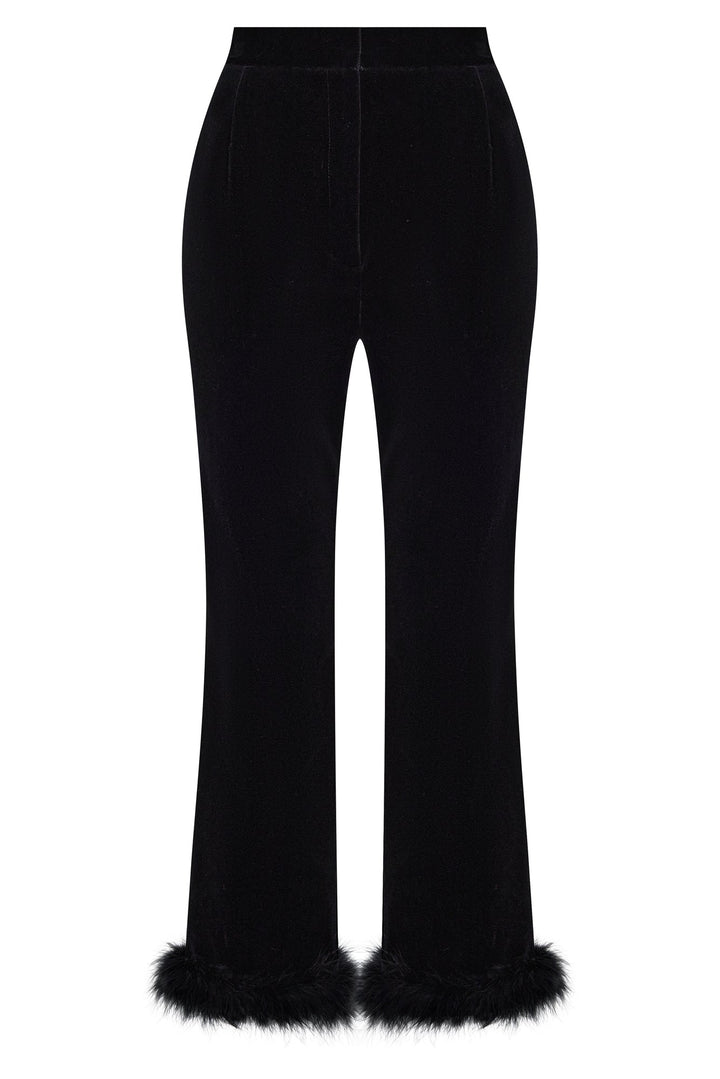 Trousers with marabou feather trim