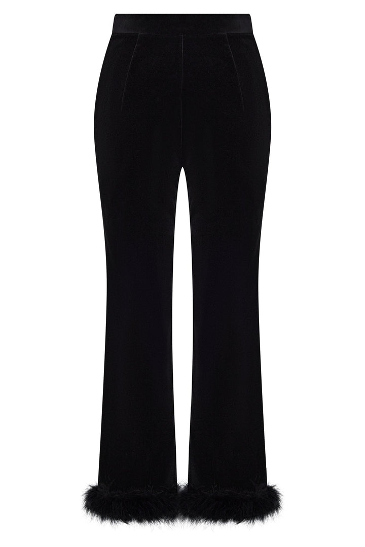 Trousers with marabou feather trim