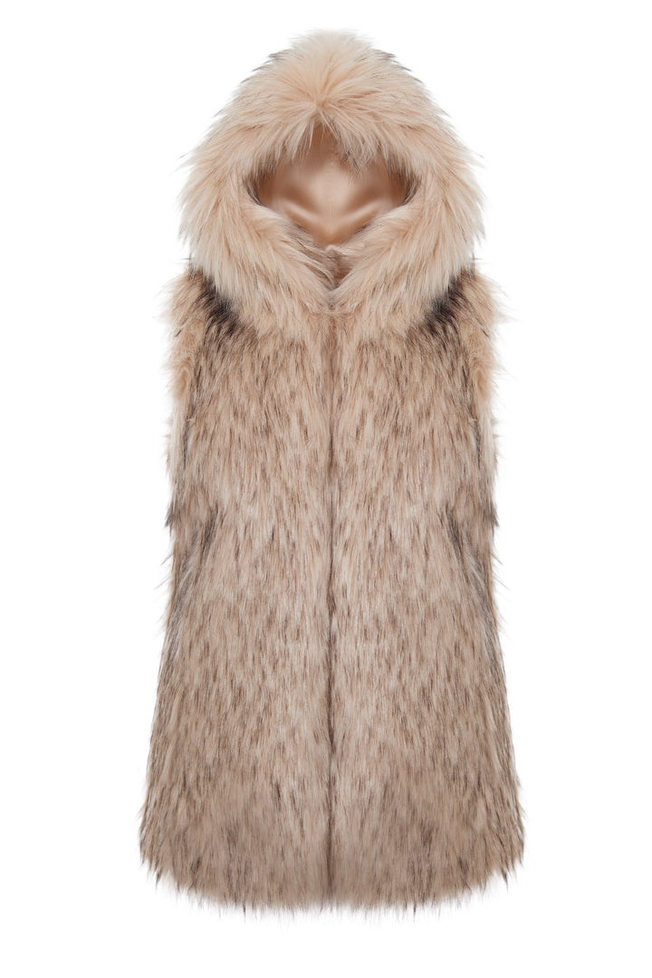 Long faux fur vest with hood