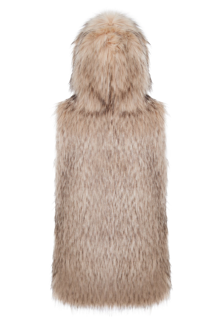 Long faux fur vest with hood