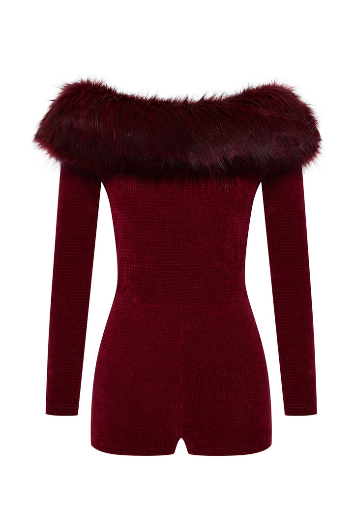Knit jumpsuit with faux fur trim