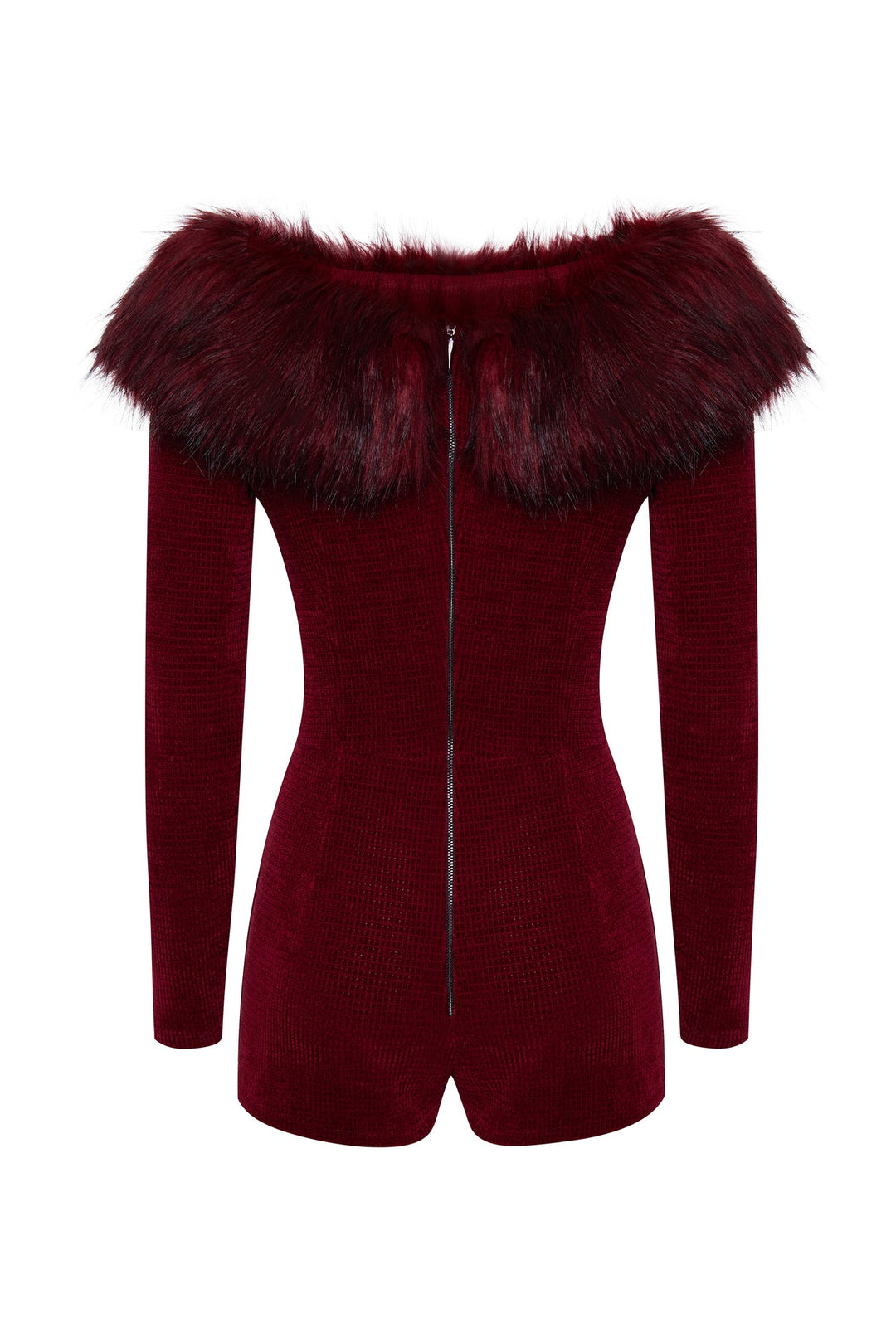 Knit jumpsuit with faux fur trim