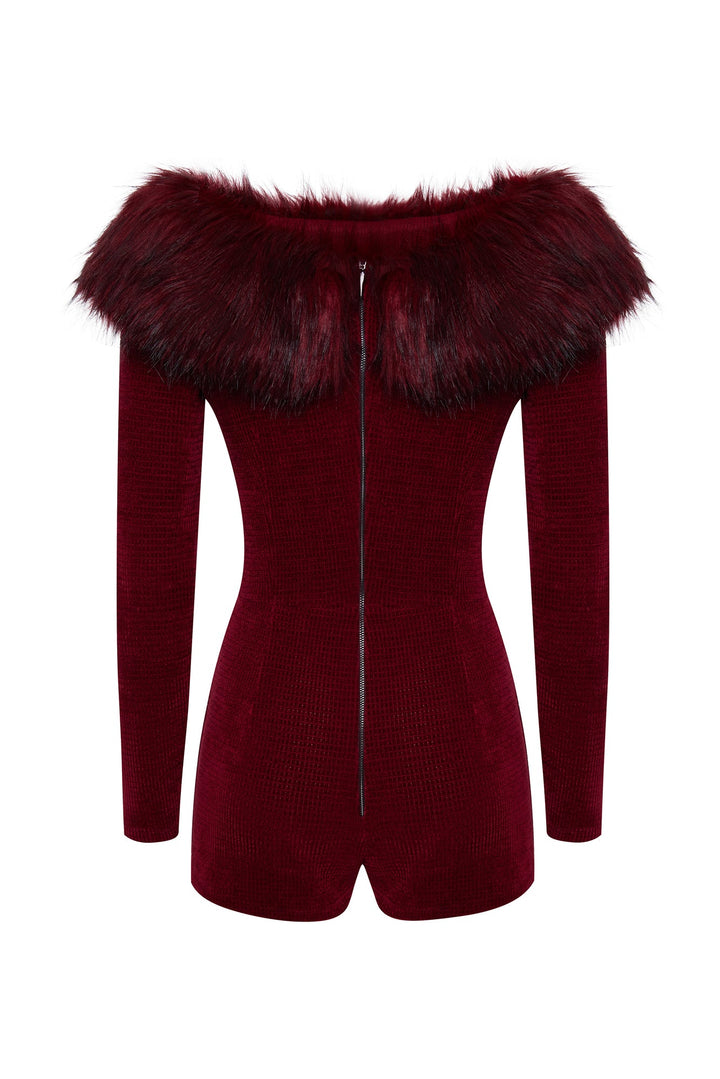 Knit jumpsuit with faux fur trim