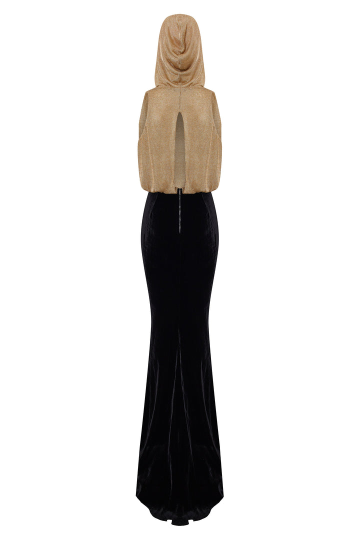 Two-tone hooded evening dress