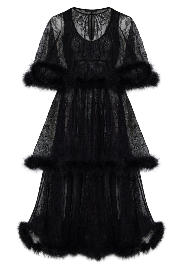 Lace dress with marabou feather trim
