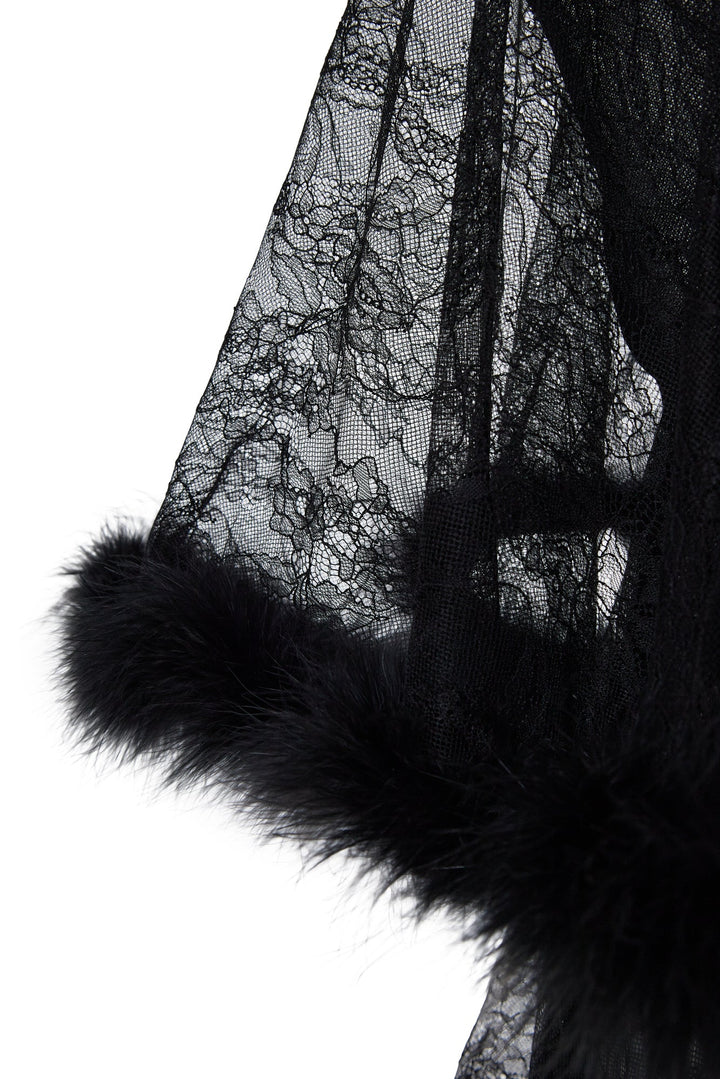 Lace dress with marabou feather trim