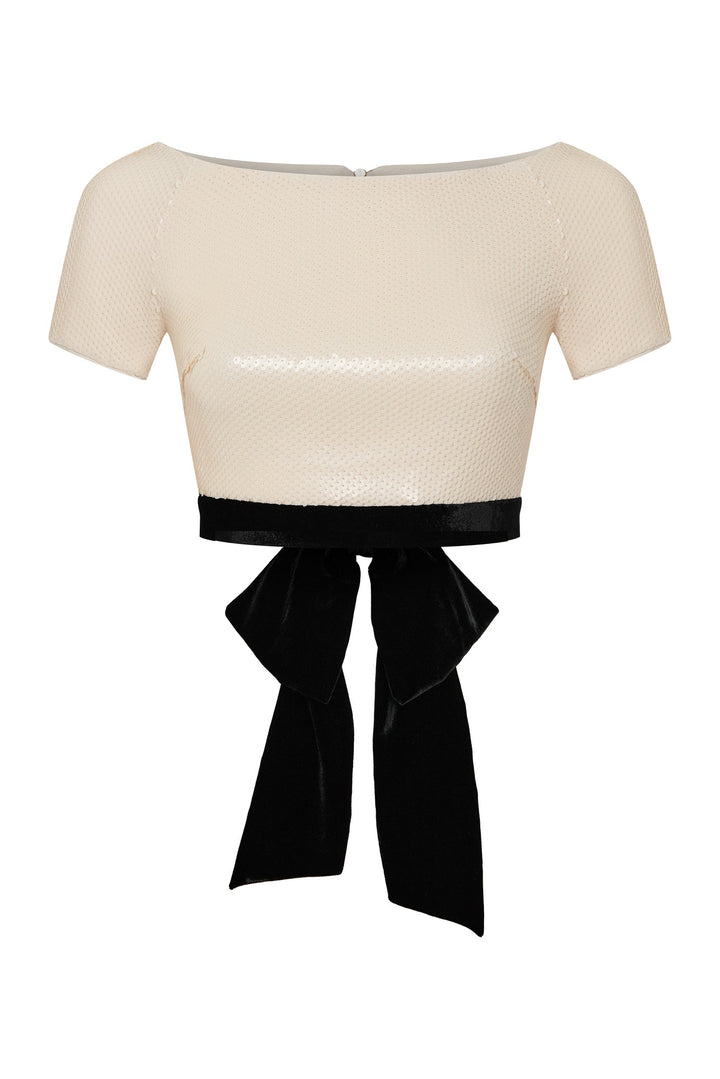 Sequin top with decorative bow