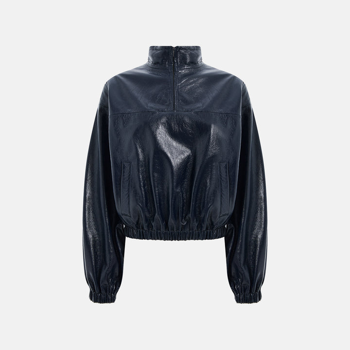 Genuine leather anorak with a stand collar
