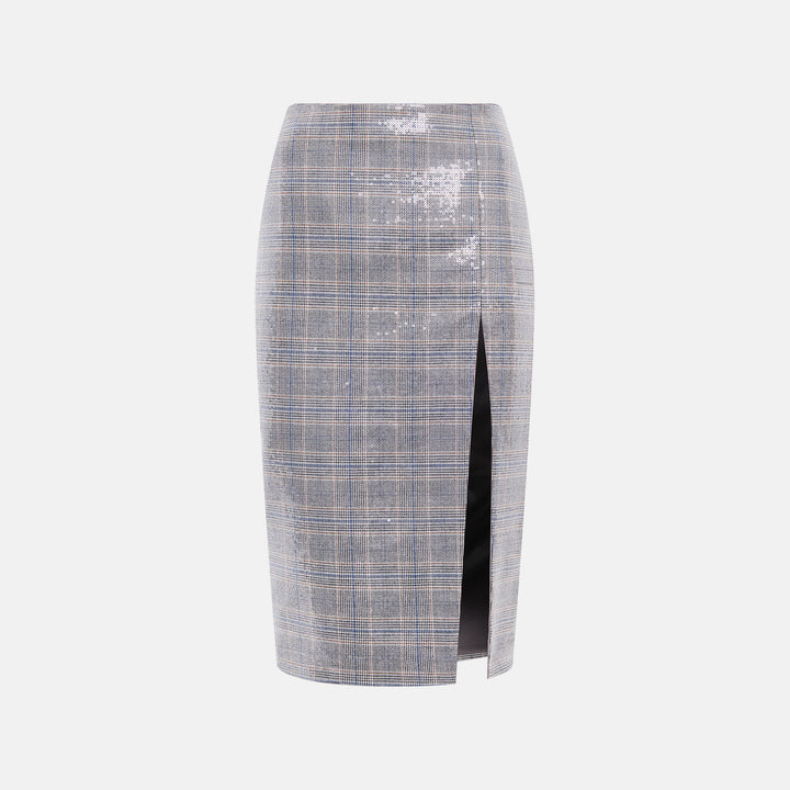 Suiting-fabric midi skirt with a slit embellished with transparent sequins