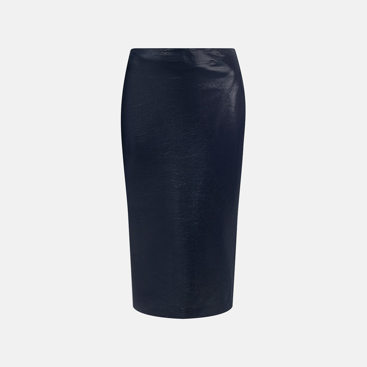 Dark navy genuine leather midi skirt