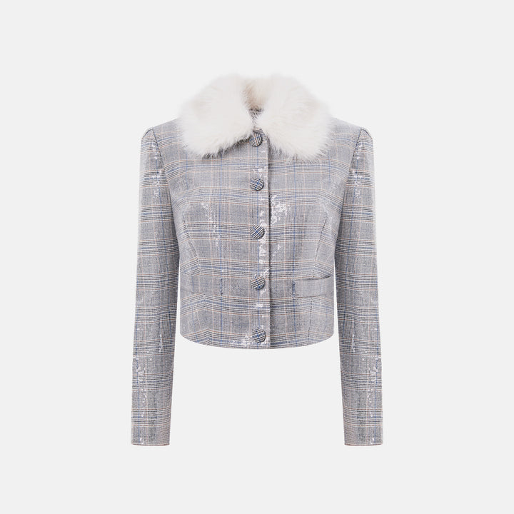 Suiting-fabric jacket with a faux fur collar embellished with transparent sequins