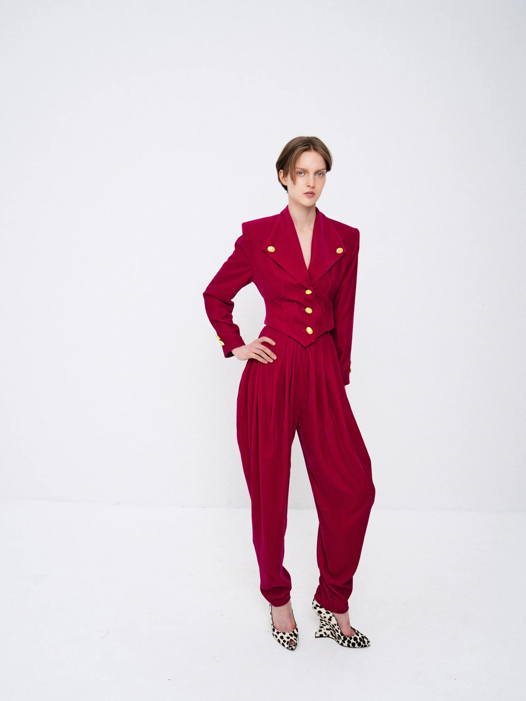 Cropped velvet jacket with statement buttons