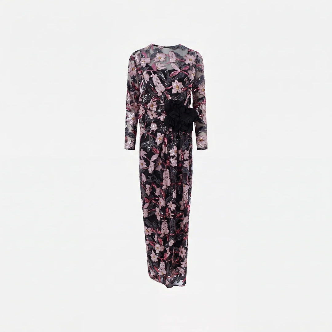 Sequin-embellished dress with a decorative flower