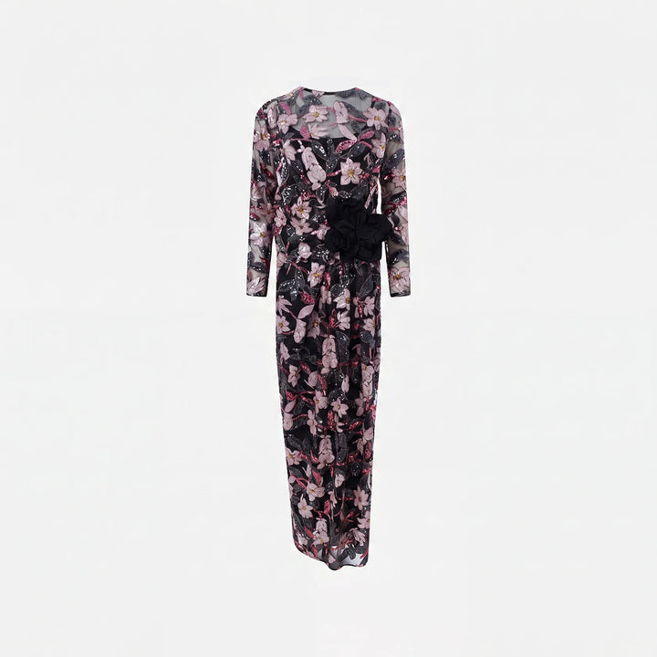 Sequin-embellished dress with a decorative flower