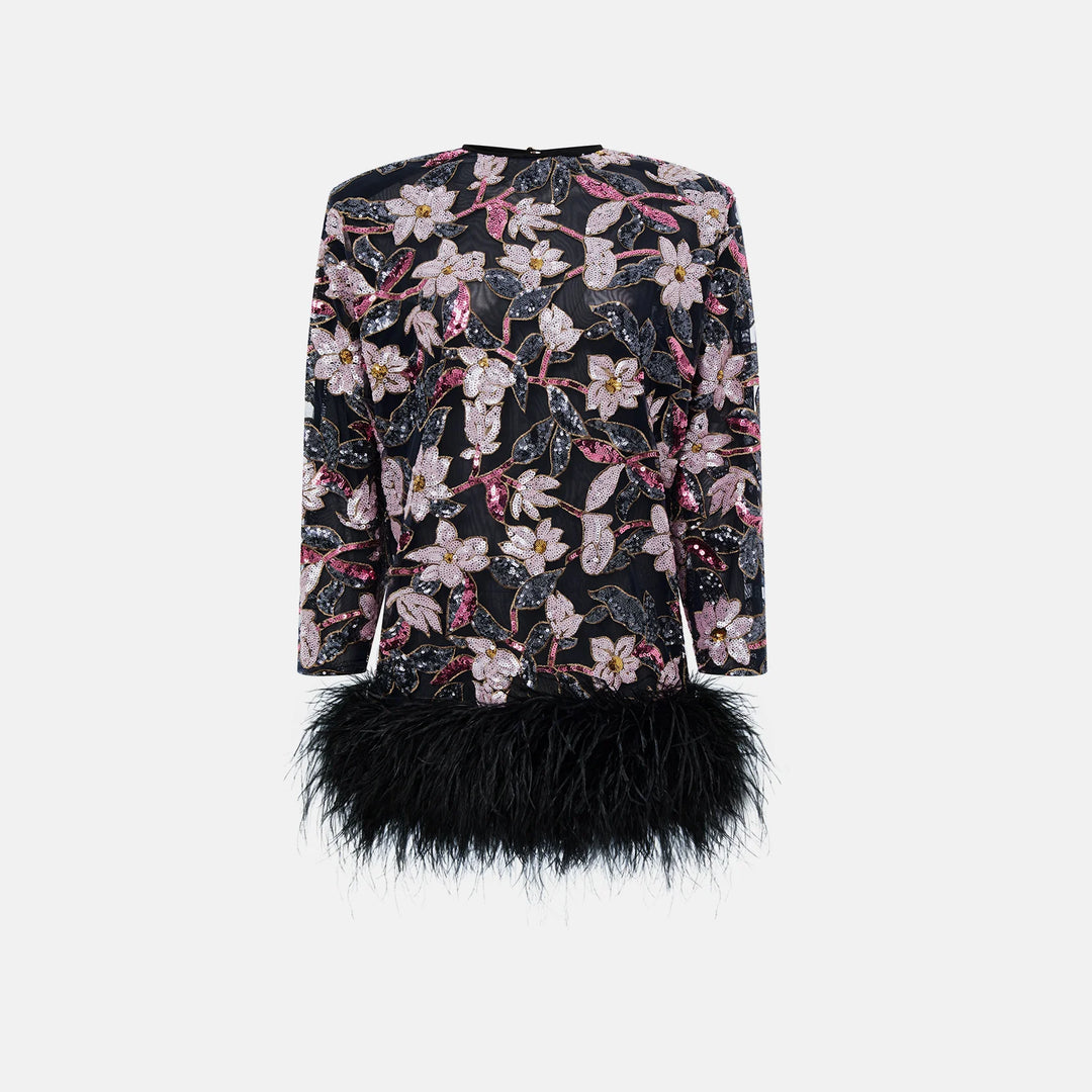 Sequin-embellished mini dress with ostrich feather trim