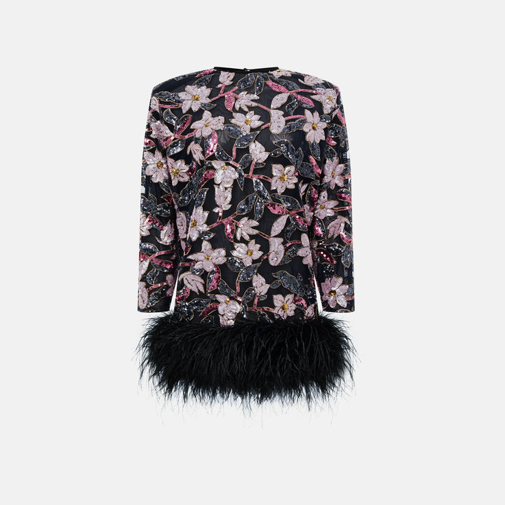 Sequin-embellished mini dress with ostrich feather trim
