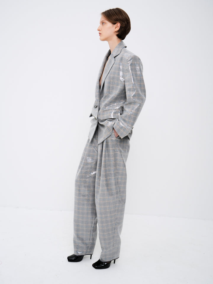 Suiting-fabric trousers embellished with transparent sequins