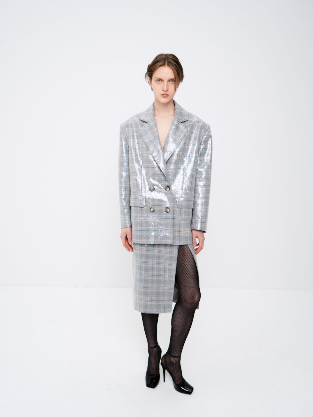 Suiting-fabric midi skirt with a slit embellished with transparent sequins