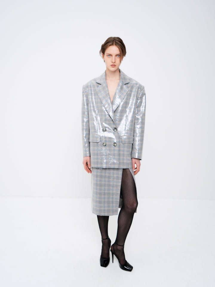 Suiting-fabric midi skirt with a slit embellished with transparent sequins