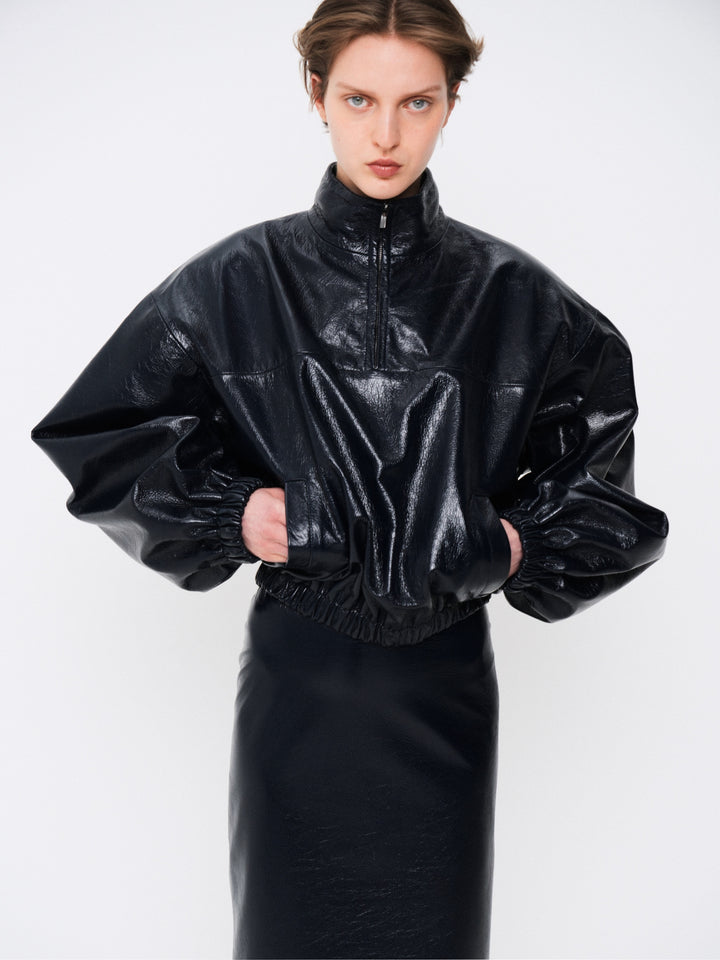 Genuine leather anorak with a stand collar