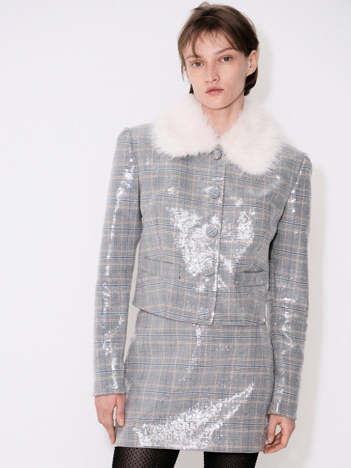 Suiting-fabric mini skirt embellished with transparent sequins