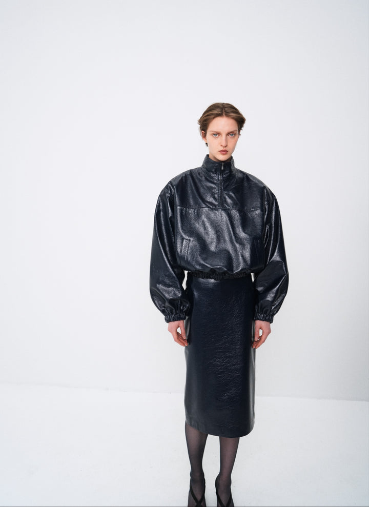 Dark navy genuine leather midi skirt