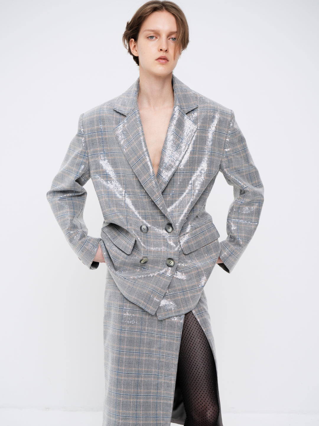 Suiting-fabric jacket embellished with transparent sequins